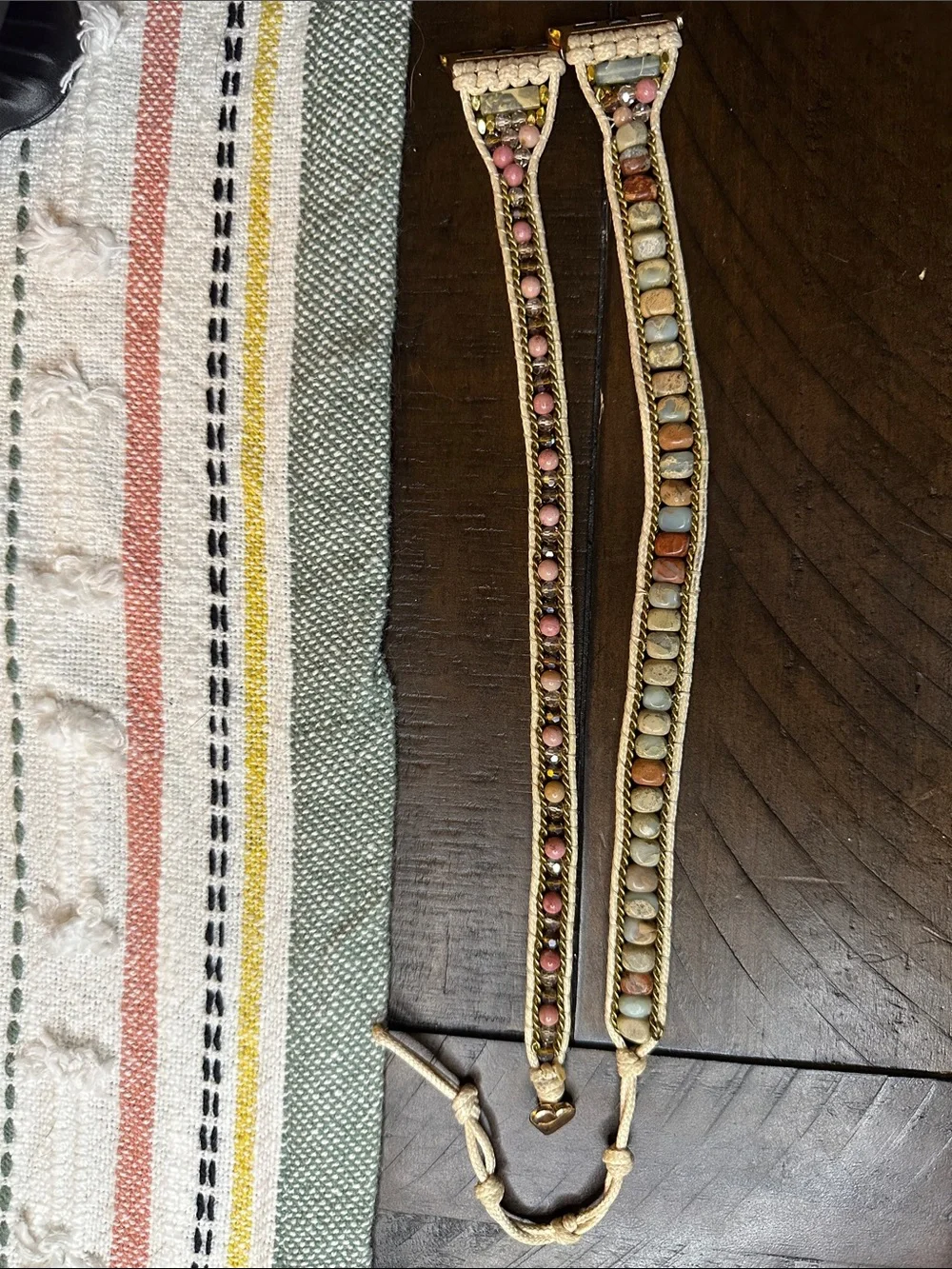 Apple Watch Strap Beige Crystal Beaded Boho Macrame Wrap Adjustable Bracelet
